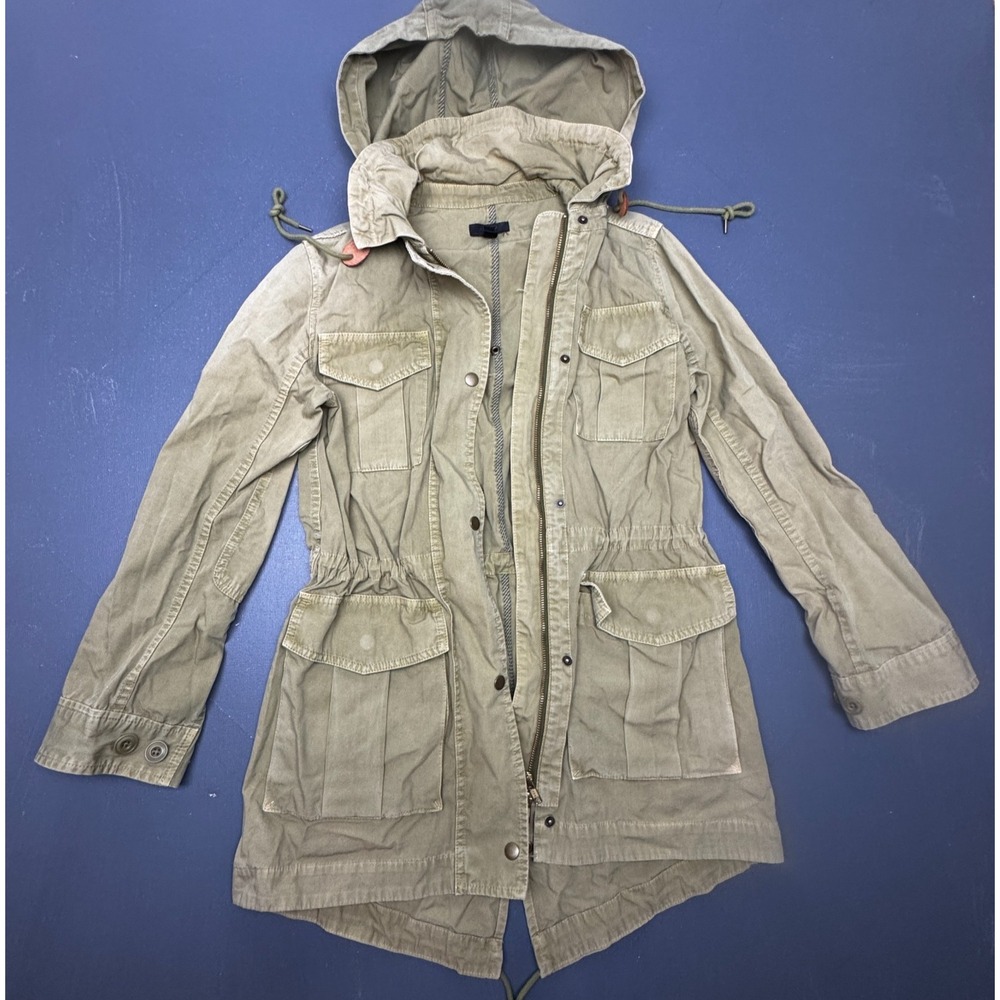 J.Crew Women XS Olive Green Cotton Hooded Utility Field Jacket Military Coat Zip